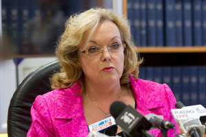 Justice Minister Judith Collins releasing Justice Binnie's report, on David Bain's bid for compensation, at a press conference in her Beehive office. Photo / Mark Mitchell