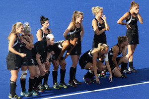 The New Zealand Black Sticks as Kayla Sharland misses a goal during the penalty shootout, in the Hockey Semifinal match against New Zealand and Netherlands. Photo / Brett Phibbs.