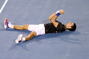Novac Djokovic struck a clinching, inside-out forehand winner to beat Rafa Nadal at 1.37 on the Monday morning. Photo / Getty Images.