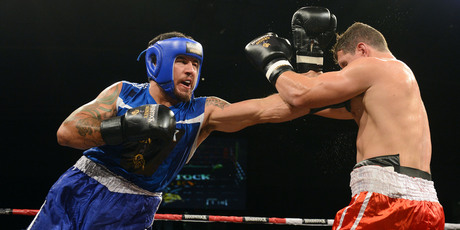 Rene Ranger, left, and Greg Bird trade punches at the charity event last night. Photo / PHOTOSPORT.CO.NZ.