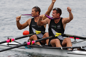 Double scullers Nathan Cohen (left) and Joseph Sullivan won the first of New Zealand's three rowing gold medals at the London Olympics. Photo / Mark Mitchell