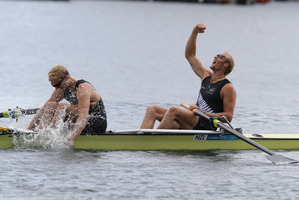 Hamish Bond and Eric Murray celebrate their emphatic Olympic coxless pairs triumph at Eton Dorney. Photo / Brett Phibbs