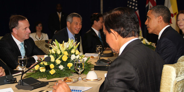 John Key and the other TPPA leaders meeting in Phnom Penh last month. Photo / Alan Gibson