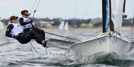 Alexandra Maloney and Molly Meech won the 49erFX skiff class in Melbourne. Photo / Sport the library / Jeff Crow