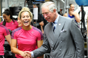 His Royal Highness Prince Charles shakes hands with one of the members of the New Zealand womens sevens rugby team. Photo / Ross Setford