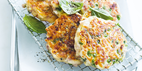 Ham, pea and basil fritters. Photo / Donna Hay Magazine