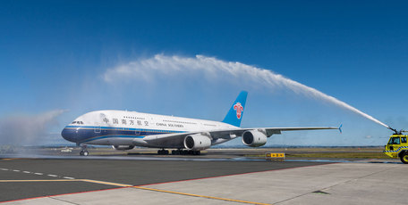China Southern Airlines' Airbus A380 was given a water-arch welcome by firefighters when it landed at Auckland Airport yesterday. Photo / Supplied