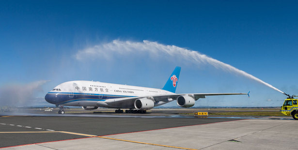 China Southern Airlines' Airbus A380 was given a water-arch welcome by firefighters when it landed at Auckland Airport yesterday. Photo / Supplied
