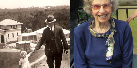 (L) Daphne Savage walking with her father away from the Old Elephant House in 1923. (R) Daphne visiting the zoo with her grandchildren last December. Photos / Supplied