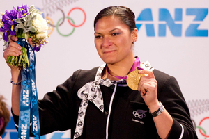 Valerie Adams receives her London Olympics gold medal at a ceremony in Auckland. Photo / Greg Bowker
