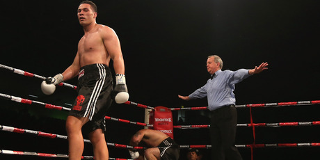 The referee calls off the fight after Joseph Parker knocks down Richard Tutaki. Photo / Getty Images