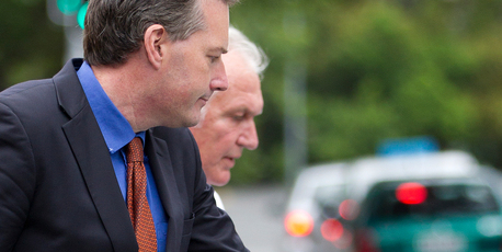 Marcus Friedlander (R) leaving the Auckland High Court with his lawyer, Rob Hucker this morning. Photo Sarah Ivey.