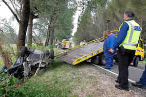 Police investigate the scene where five members of one family died when their car left the road and hit a tree. Photo / Christine Cornege