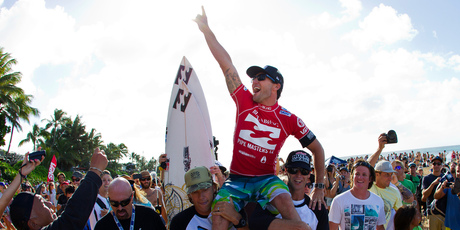 Joel Parkinson of Coolangatta, Australia, celebrates after winning his maiden ASP World Title. Photo / Association of Surfing Professionals