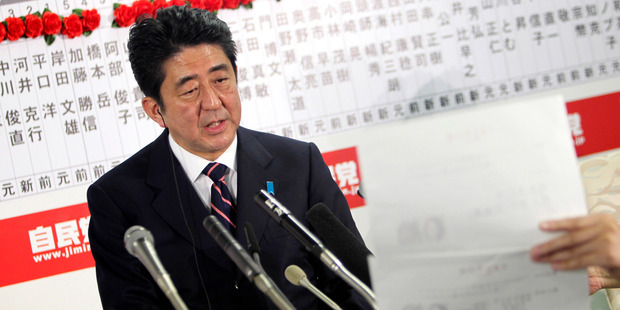The Liberal Democratic Party, led by former PM Shinzo Abe, has pledged to print money and stimulate a faltering, deflation-wracked Japanese economy. Photo / AP