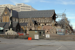 The earthquake damaged Christ Church Cathedral in Cathedral Square. Photo / Geoff Sloan