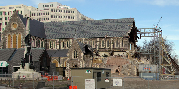 The earthquake damaged Christ Church Cathedral in Cathedral Square. Photo / Geoff Sloan