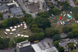Emergency services base camps set up in Latimer Square, just days after the quake. Photo / File/ NZ Herald