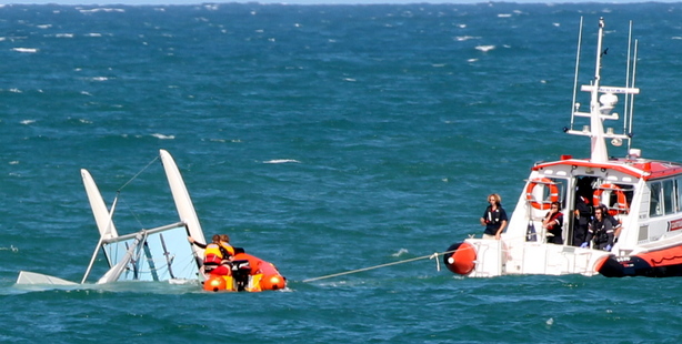 The Napier Coast Guard was called in to rescue a stranded boatie after his catamaran capsized off Westshore Beach. Photo / Paul Taylor