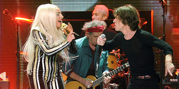 Lady Gaga, Keith Richards and Mick Jagger on stage in New Jersey. Photo/AP