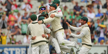 Australia celebrate after Mitchell Johnson dismisses Tillakaratne Dilshan. Photo / Getty Images