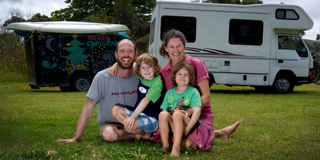Dave and Rachel Monk, pictured at Wenderholm, have taken up a nomadic life with sons Dylan, 5, and Lewis, 4, embarking on a two-year world tour by motorhome. Photo / Sarah Ivey