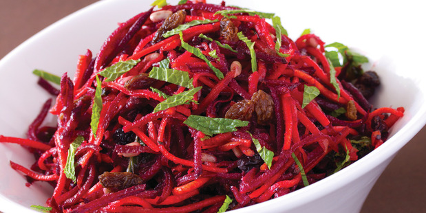 Revive raw salad with beetroot and sultanas from The Revive Café Cookbook 2 by Jeremy Dixon. Photo / Supplied