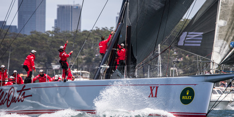 Wild Oats XI was first out of Sydney Harbour at the start of the classic yesterday. Photo / Rolex Yachting