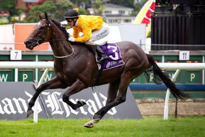 The Hombre dashes clear to win the Newmarket Handicap. Photo / Natalie Slade
