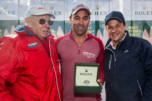 From left, Wild Oats XI owner Bob Oatley and Wild Oats XI skipper Mark Richards with Patrick Boutellier of Rolex Australia. Photo / Rolex Yachting
