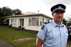Dargaville Police Senior Sergeant Rob Nordstrom outside the Tirarau Street property where where two police officers were allegedly assaulted by partygoers. Photo / John Stone