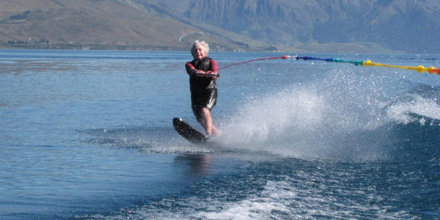 Wanaka grandmother Pat Stuart water-skiing around Lake Hawea. Photo / Lucy Ibbotson