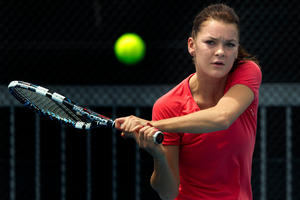 Pole Agnieszka Radwanska practises yesterday. Picture / Brett Phibbs