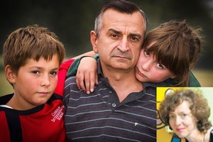 Srecko 'Alec' Cvetanov - pictured yesterday with his children Todor and Katerina - spoke by cellphone to his wife Tamara (inset) as she lay trapped in the CTV building.
Photos / Martin Hunter, Supplied