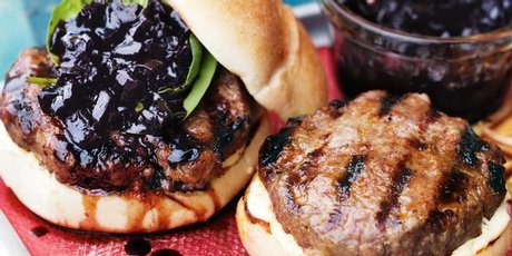 Beef and chorizo burgers with beetroot relish. Photo / Chris Court