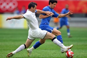 Ryan Nelsen in action for the NZ Olympic soccer team against Brazil at the 2008 Olympics. Photo / Getty Images