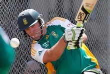 South Africa's ODI and T20 cricket captain AB De Villiers in action in the nets during the team's training session at the Basin Reserve in Wellington. Photo / Mark Mitchell