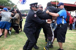 Protesters are restrained during Waitangi Day celebrations. Photo / NZ Herald