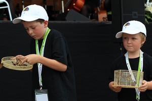 Cameron Lucas, 8, and brother Tyler, 6, release the butterflies yesterday. Photo / Greg Bowker