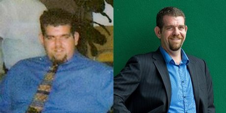 Before and after shot of Damien Martin who lost over 100kg of weight. Photo / Supplied/Brett Phibbs