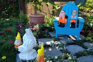 Gnonmified stars of the Christchurch Festival of Flowers - Gerry Brownlee (l) and Roger Sutton. Photo / Amanda Cropp