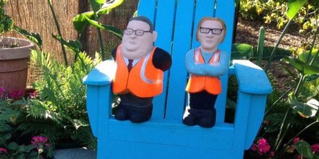 Gnonmified stars of the Christchurch Festival of Flowers - Gerry Brownlee (l) and Roger Sutton. Photo / Amanda Cropp