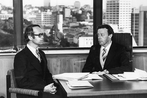 Robert Fisher (at left with John Henry QC) stuck up for police during the Arthur Thomas inquiry in 1980. Photo / NZ Herald