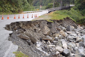 A slip at the bottom of the Otira gorge. Photo / Kasey Miles