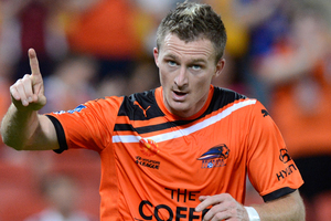 Besart Berisha of the Roar celebrates after scoring a goal. Photo / Getty Images