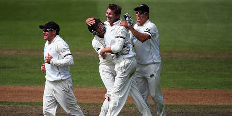 Bruce Martin celebrates his first test wicket of Matt Prior of England with BJ Watling and Neil Wagner of New Zealand during day two. Photo / Getty Images