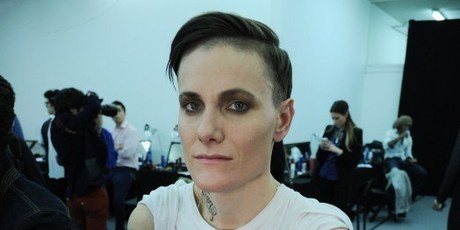Casey Legler backstage at New York fashion week. Legler is the first woman to exclusively model menswear.Photo / AFP