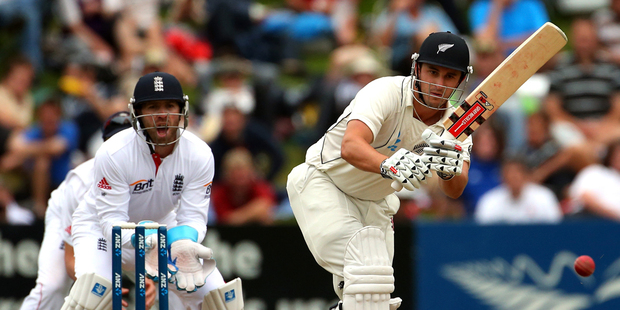 Hamish Rutherford of New Zealand bats on day three of the First Test match between New Zealand and England. Photo / Getty Images.