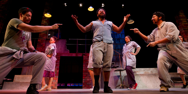 Taofia Pelesasa (left), Tavai Faasavalu and Paul Fagamalo in The Factory, a super opening for the Auckland Festival. Picture / Richard Robinson