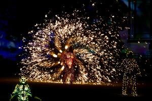Pyrotechnic wizards Groupe F perform The Breath of the Volcano last night as part of the Auckland Arts Festival. Photo / Brett Phibbs
